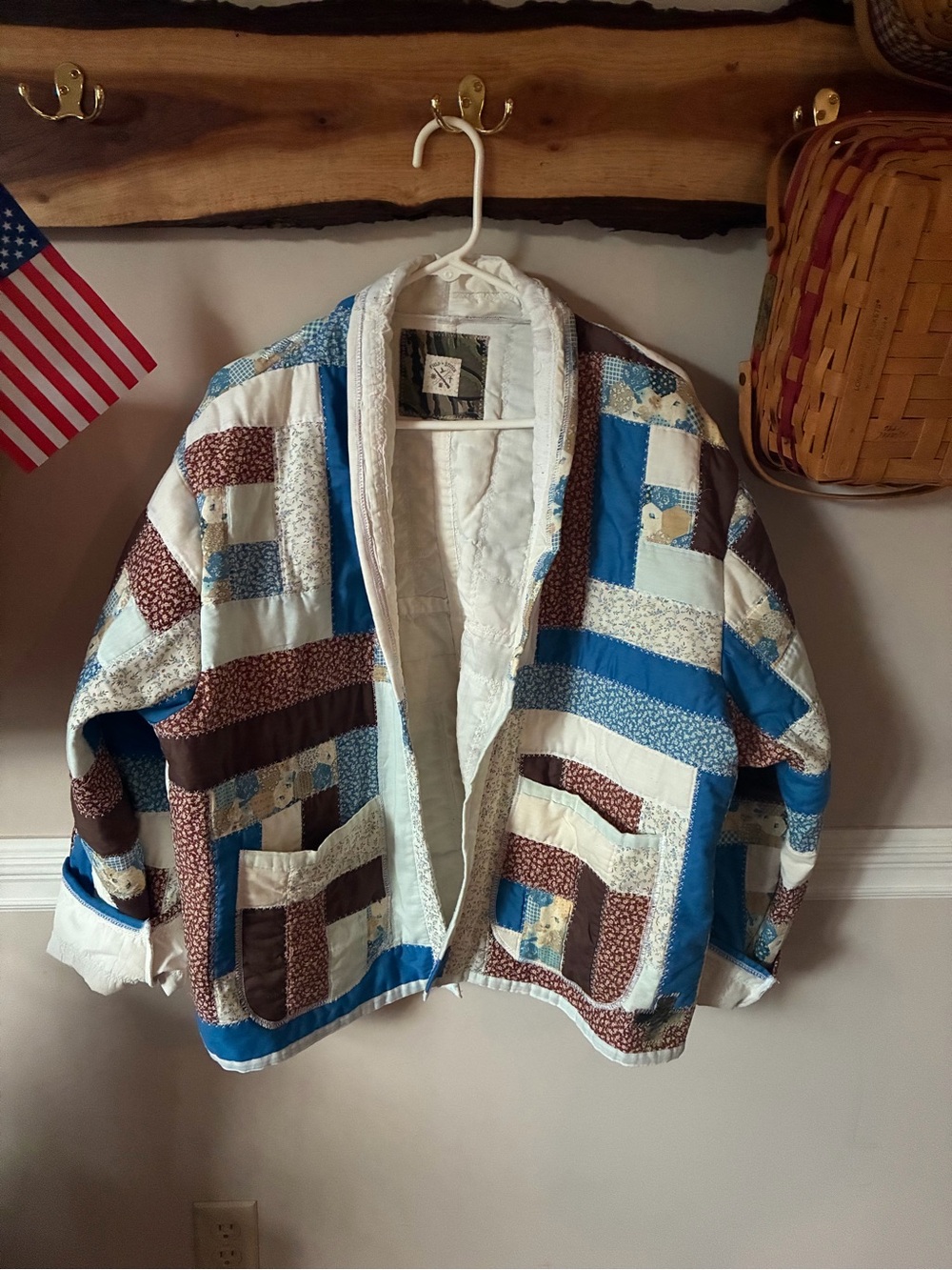 Field + Stitch Handmade Patchwork Vintage Log Cabin Blue Brown Quilt Jacket XL